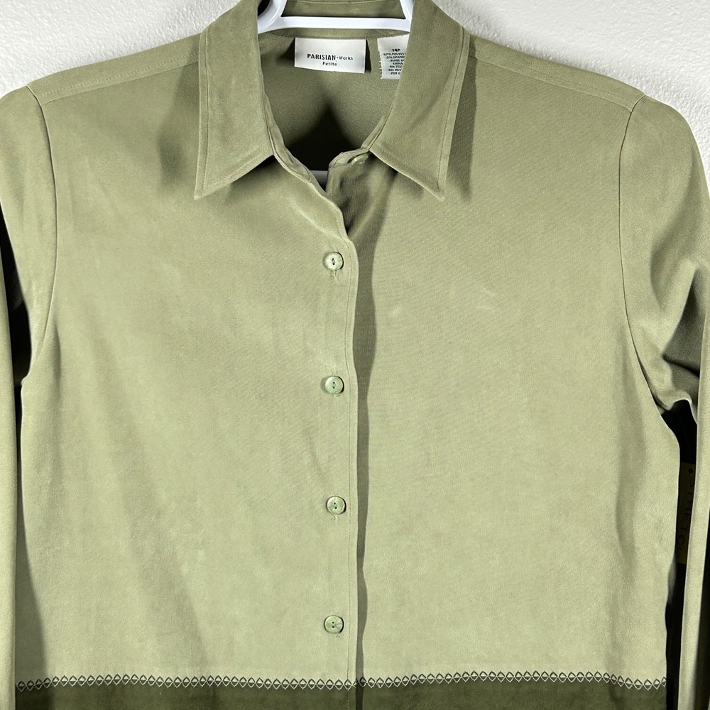 Parisian Works Petite Sage Green Button Down Shirt Embroidered Hem 14P P8506PB